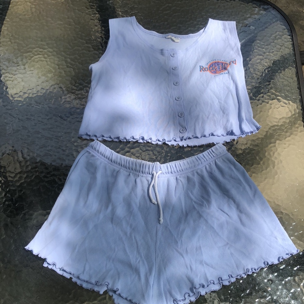Medium blue crop top and high waisted shorts